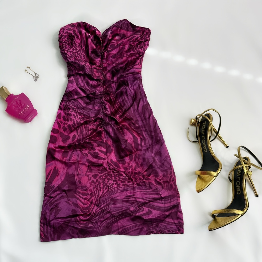 Silk pink & purple strapless midi dress size Small date night summer Dress